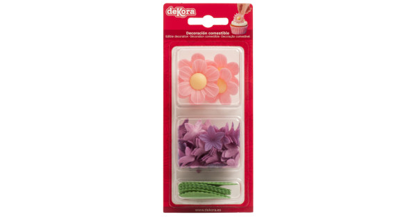 Decoraciones comestibles de oblea Flores Rosa y Violetas y Hojas Dekora