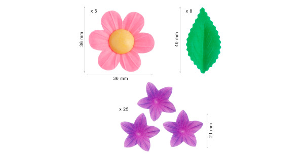 Decoraciones comestibles de oblea Flores Rosa y Violetas y Hojas Dekora