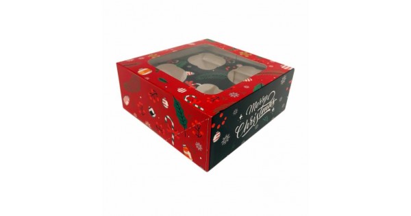 Caja para 4 cupcakes con ventana Mery Christmas Navidad Azucren