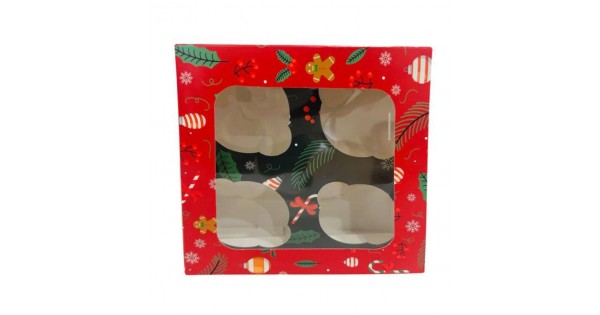 Caja para 4 cupcakes con ventana Mery Christmas Navidad Azucren