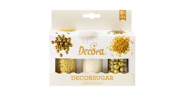 Pack 3 Sprinkles: Lentes de Chocolate, Mini Perlas y Fideos Oro Blanco Decora Italia