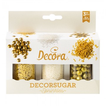 Pack 3 Sprinkles: Lentes de Chocolate, Mini Perlas y Fideos Oro Blanco Decora Italia