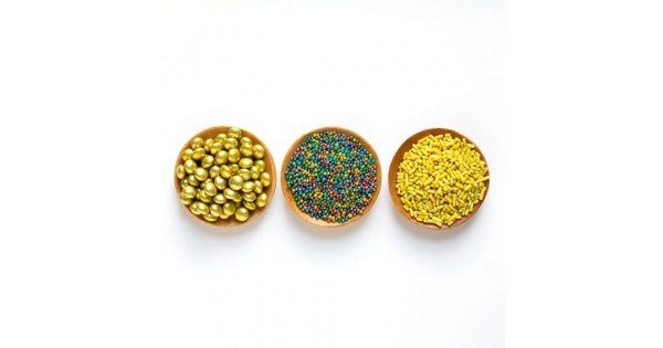 Pack 3 Sprinkles: Lentes de Chocolate, Mini Perlas y Fideos Oro Multicolor Decora Italia