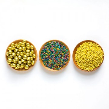 Pack 3 Sprinkles: Lentes de Chocolate, Mini Perlas y Fideos Oro Multicolor Decora Italia