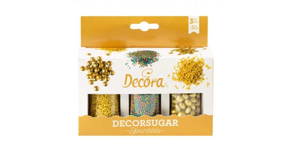 Pack 3 Sprinkles: Lentes de Chocolate, Mini Perlas y Fideos Oro Multicolor Decora Italia