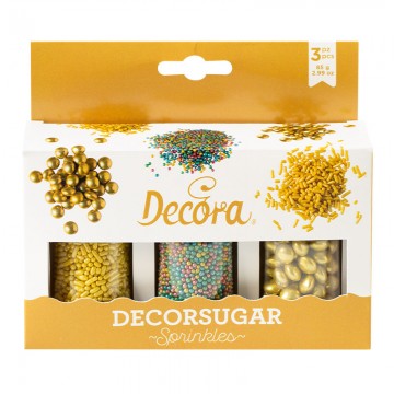 Pack 3 Sprinkles: Lentes de Chocolate, Mini Perlas y Fideos Oro Multicolor Decora Italia