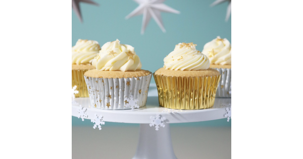 Cápsulas de Cupcakes Oro, Blanco y Copos de Nieve de Navidad (60) PME